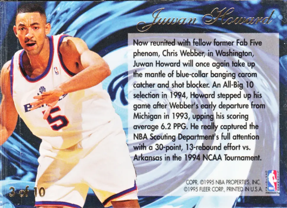 Back view of Juwan Howard 1994-95 Flair #3 showing stats for Washington Bullets