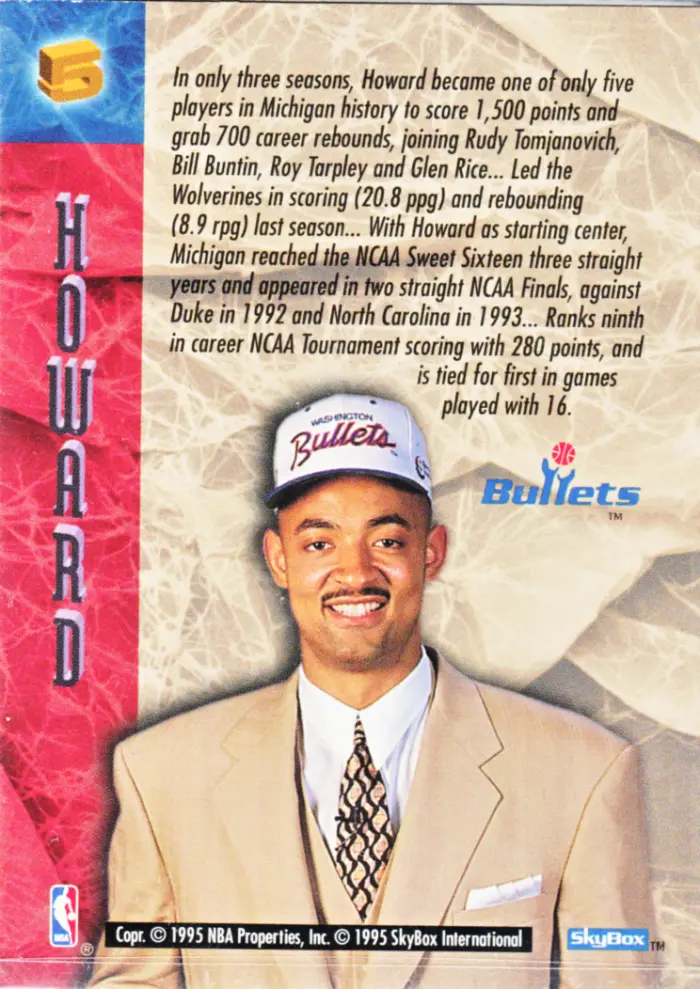 Back view of Juwan Howard 1994-95 SkyBox Hoops #5 showing stats for Washington Bullets