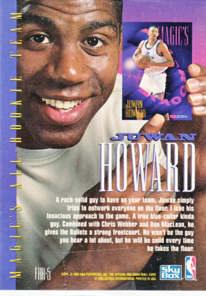 Back view of Juwan Howard 1994-95 SkyBox Hoops #FAR5 showing stats for Washington Bullets