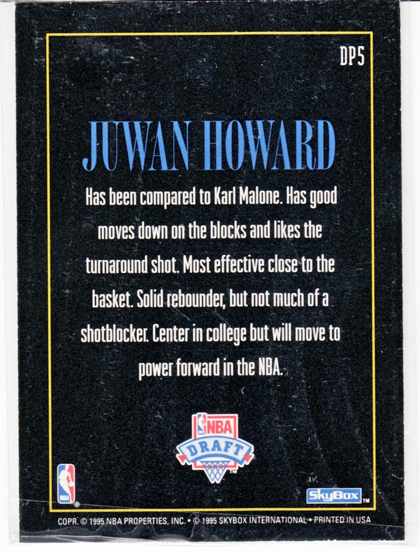 Back view of Juwan Howard 1994-95 SkyBox Premium #DP5 showing stats for Washington Bullets