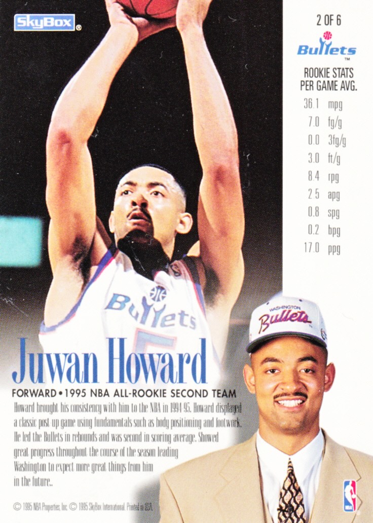Back view of Juwan Howard 1994-95 SkyBox Premium #2 showing stats for Washington Bullets