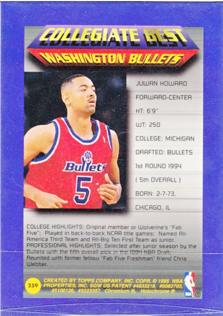 Back view of Juwan Howard 1994-95 Topps Finest #259 showing stats for Washington Bullets