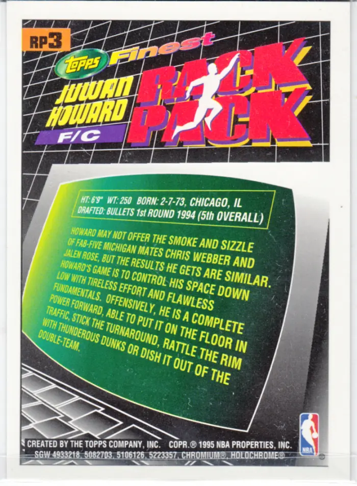 Back view of Juwan Howard 1994-95 Topps Finest #RP3 showing stats for Washington Bullets