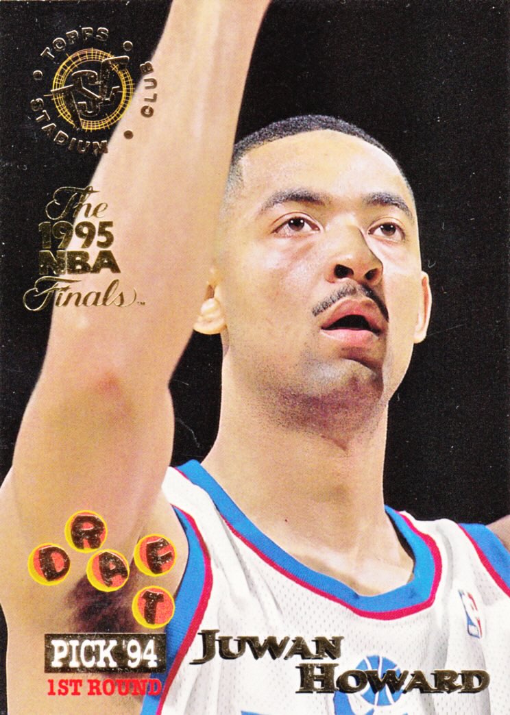 Front view of Juwan Howard 1994-95 Topps Stadium Club #210 basketball card - Super Teams NBA Finals edition (Washington Bullets)