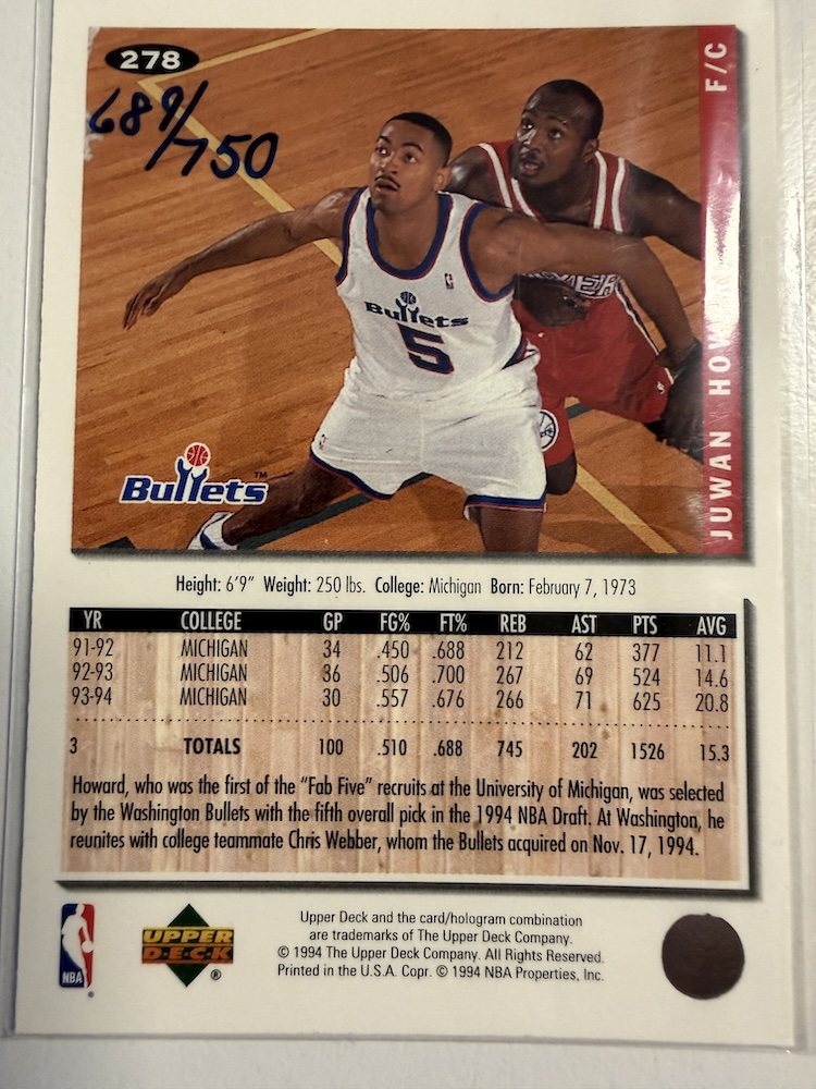 Back view of Juwan Howard 1994-95 Collectors Choice #278 showing stats for Washington Bullets
