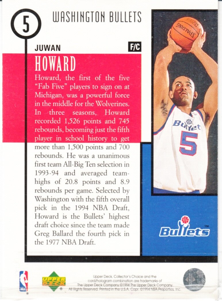 Back view of Juwan Howard 1994-95 Collectors Choice #5 showing stats for Washington Bullets