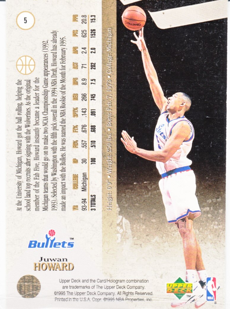 Back view of Juwan Howard 1994-95 SP #5 showing stats for Washington Bullets