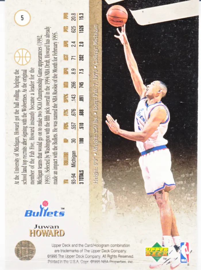 Back view of Juwan Howard 1994-95 SP #5 showing stats for Washington Bullets