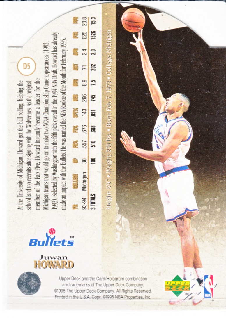 Back view of Juwan Howard 1994-95 SP #D5 showing stats for Washington Bullets