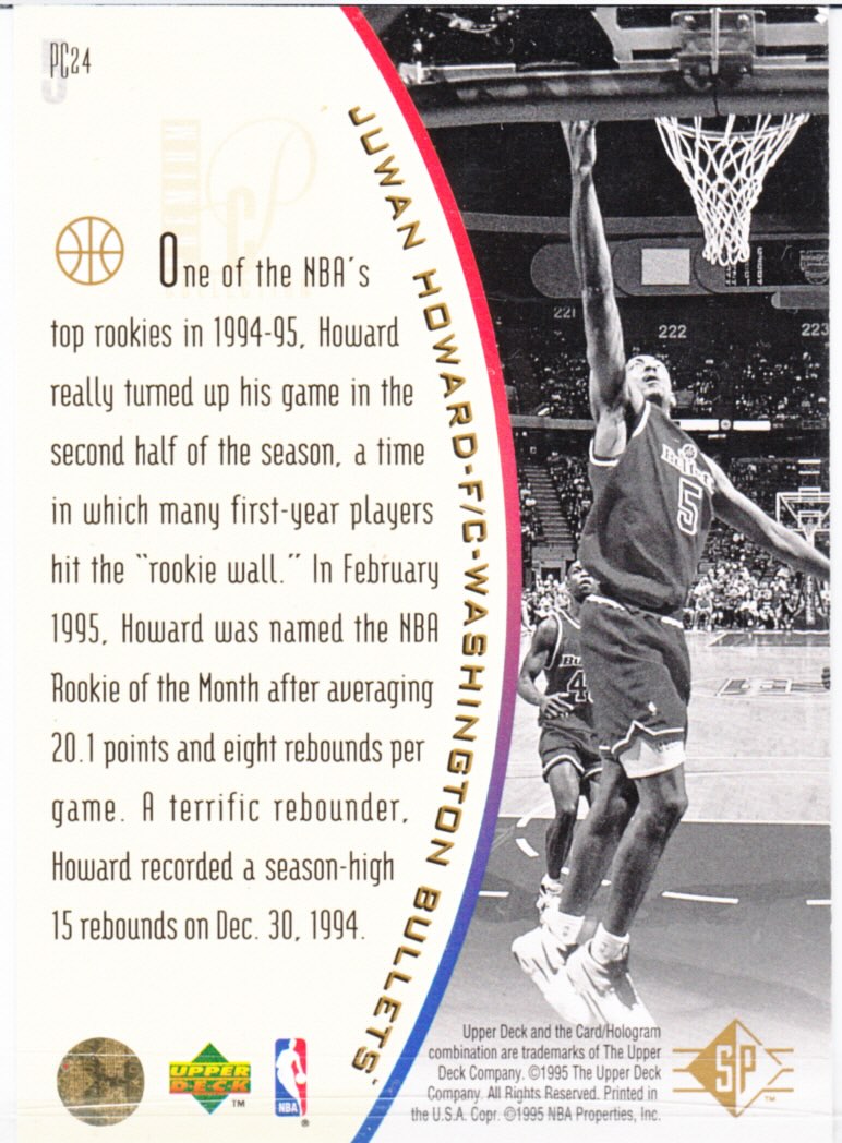 Back view of Juwan Howard 1994-95 SP #PC24 showing stats for Washington Bullets