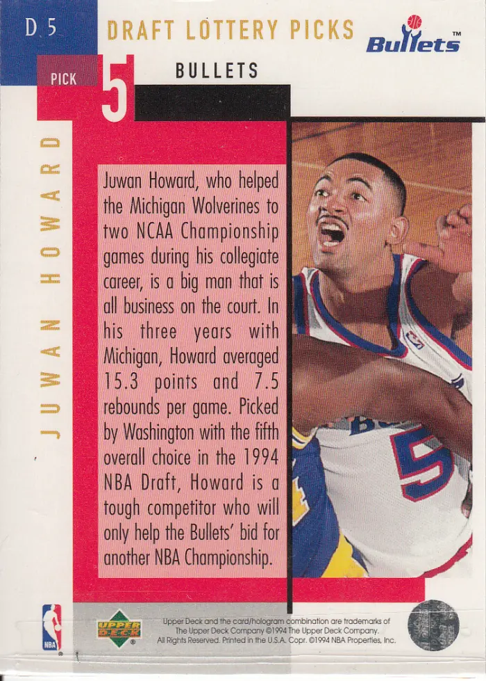 Back view of Juwan Howard 1994-95 Upper Deck #D5 showing stats for Washington Bullets