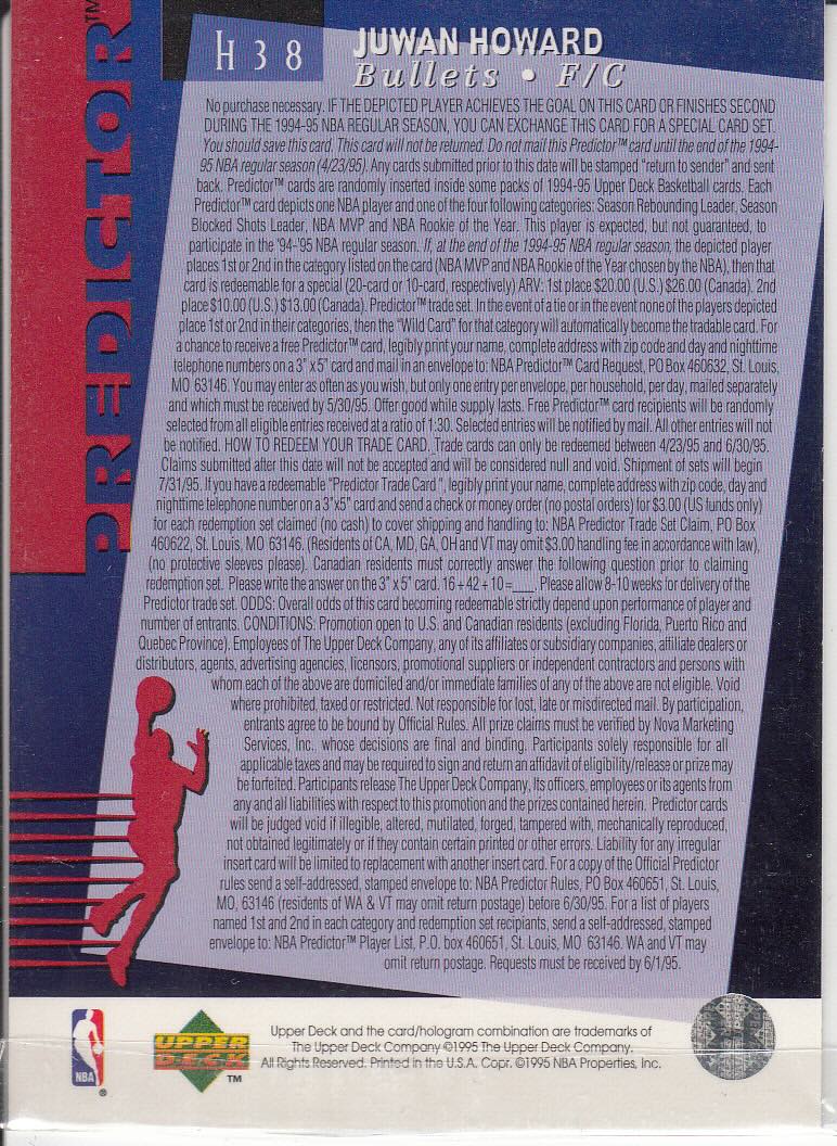 Back view of Juwan Howard 1994-95 Upper Deck #H38 showing stats for Washington Bullets