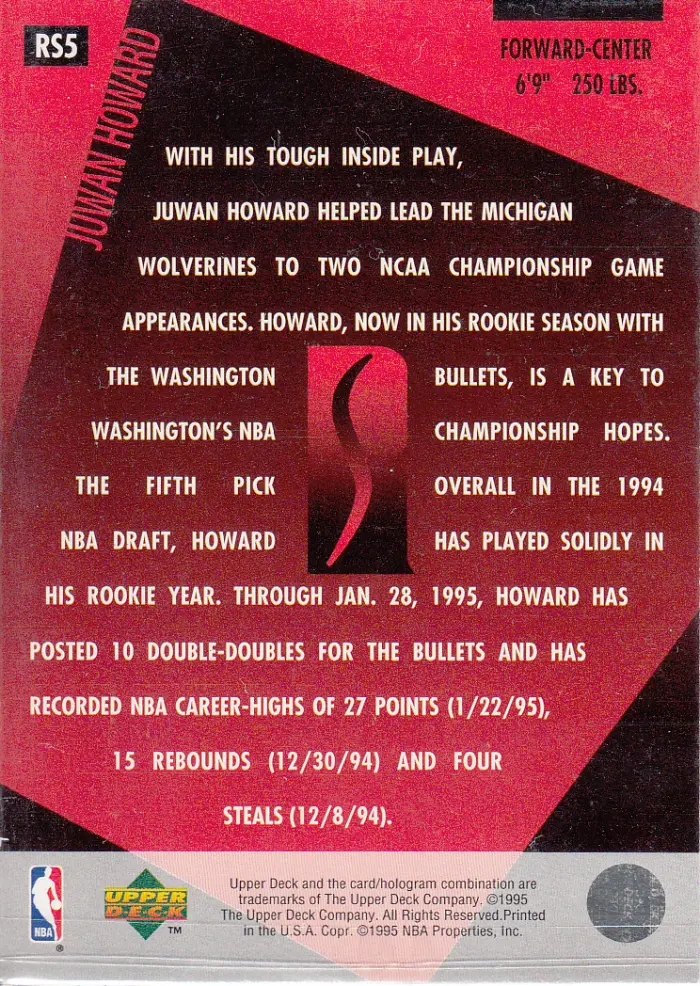 Back view of Juwan Howard 1994-95 Upper Deck #RS5 showing stats for Washington Bullets