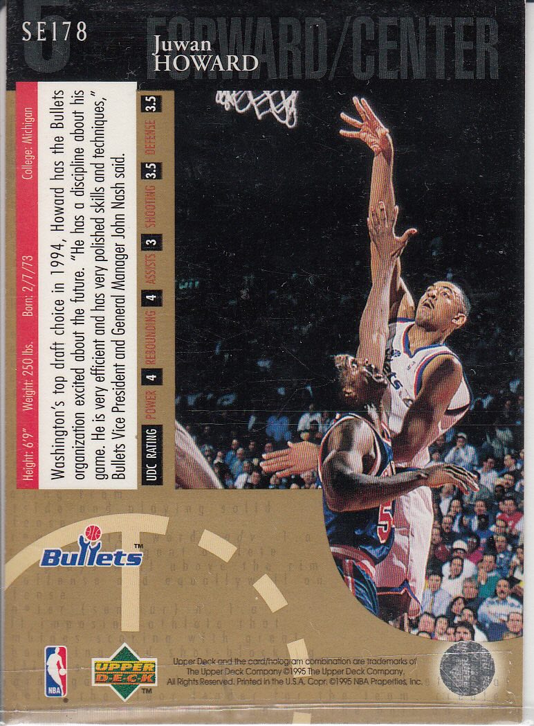 Back view of Juwan Howard 1994-95 Upper Deck #178 showing stats for Washington Bullets