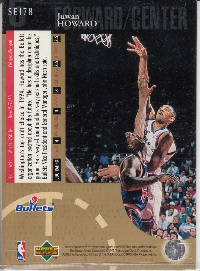 Back view of Juwan Howard 1994-95 Upper Deck #178 showing stats for Washington Bullets