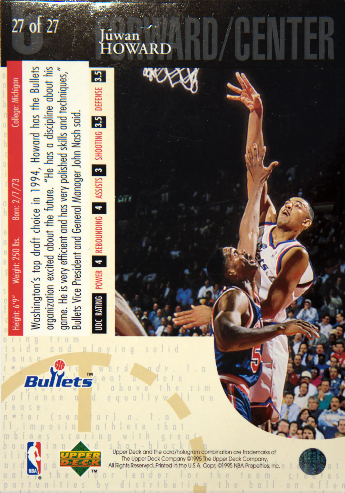 Back scan of Juwan Howard 1994-95 Upper Deck #27 showing stats for Washington Bullets - Juwan Howard Collector Private Collection