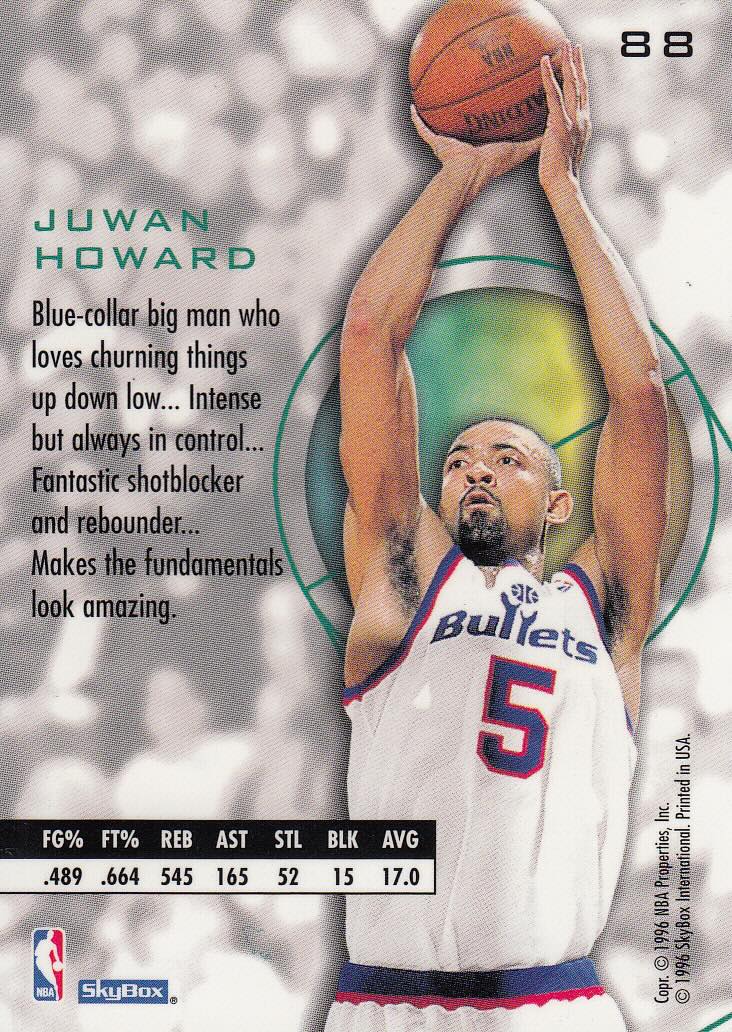 Back view of Juwan Howard 1995-96 E-XL #88 showing stats for Washington Bullets