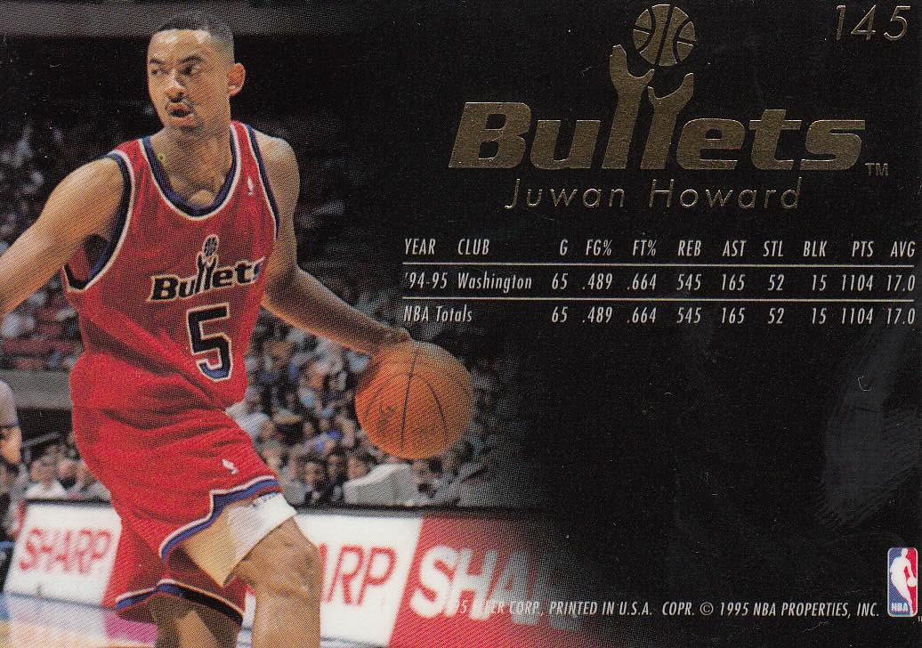 Back view of Juwan Howard 1995-96 Flair #145 showing stats for Washington Bullets