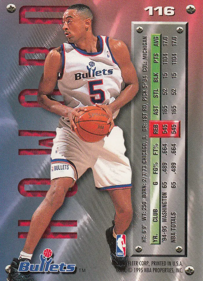 Back view of Juwan Howard 1995-96 Fleer Metal #116 showing stats for Washington Bullets