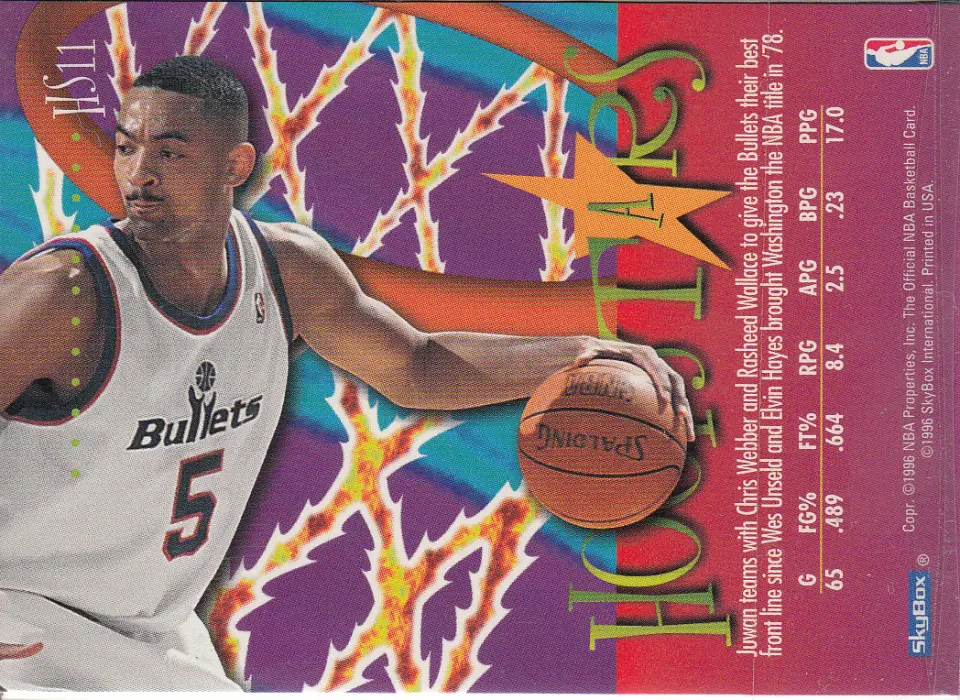 Back view of Juwan Howard 1995-96 SkyBox Hoops #HS11 showing stats for Washington Bullets