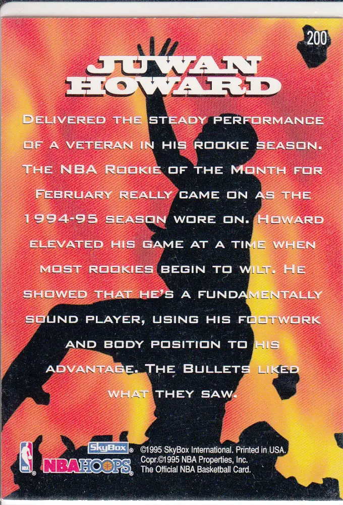Back view of Juwan Howard 1995-96 SkyBox Hoops #200 showing stats for Washington Bullets