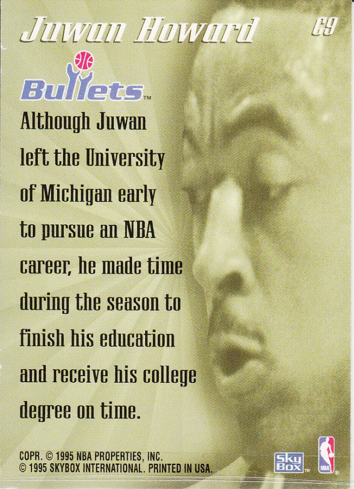 Back view of Juwan Howard 1995-96 SkyBox Premium #C9 showing stats for Washington Bullets