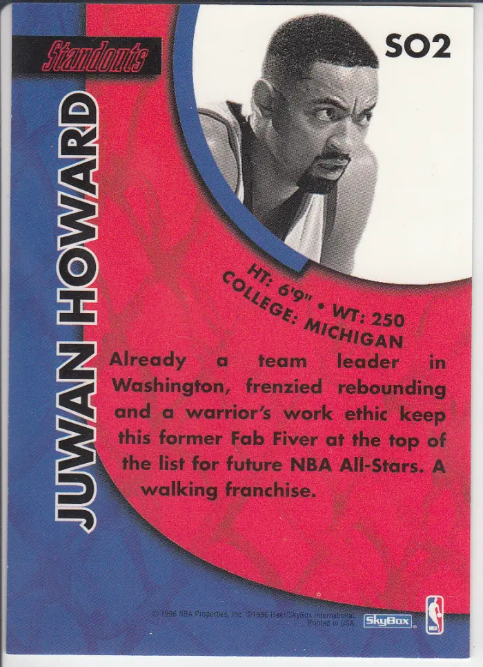 Back view of Juwan Howard 1995-96 SkyBox Premium #SO2 showing stats for Washington Bullets