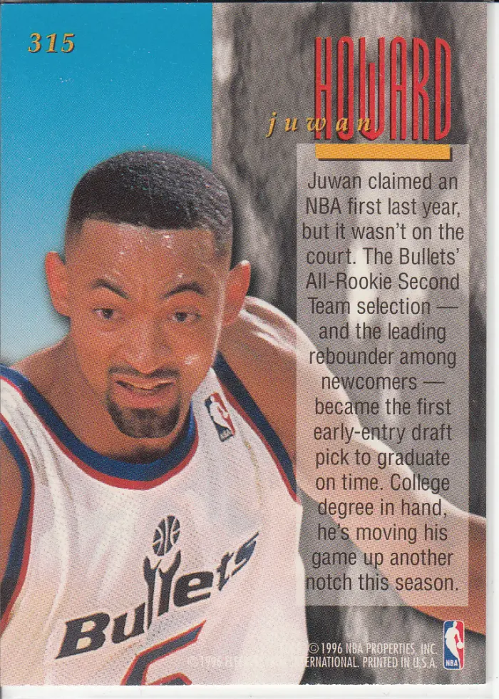 Back view of Juwan Howard 1995-96 Ultra #315 showing stats for Washington Bullets