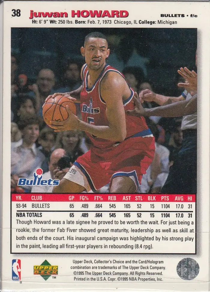 Back view of Juwan Howard 1995-96 Collectors Choice #38 showing stats for Washington Bullets