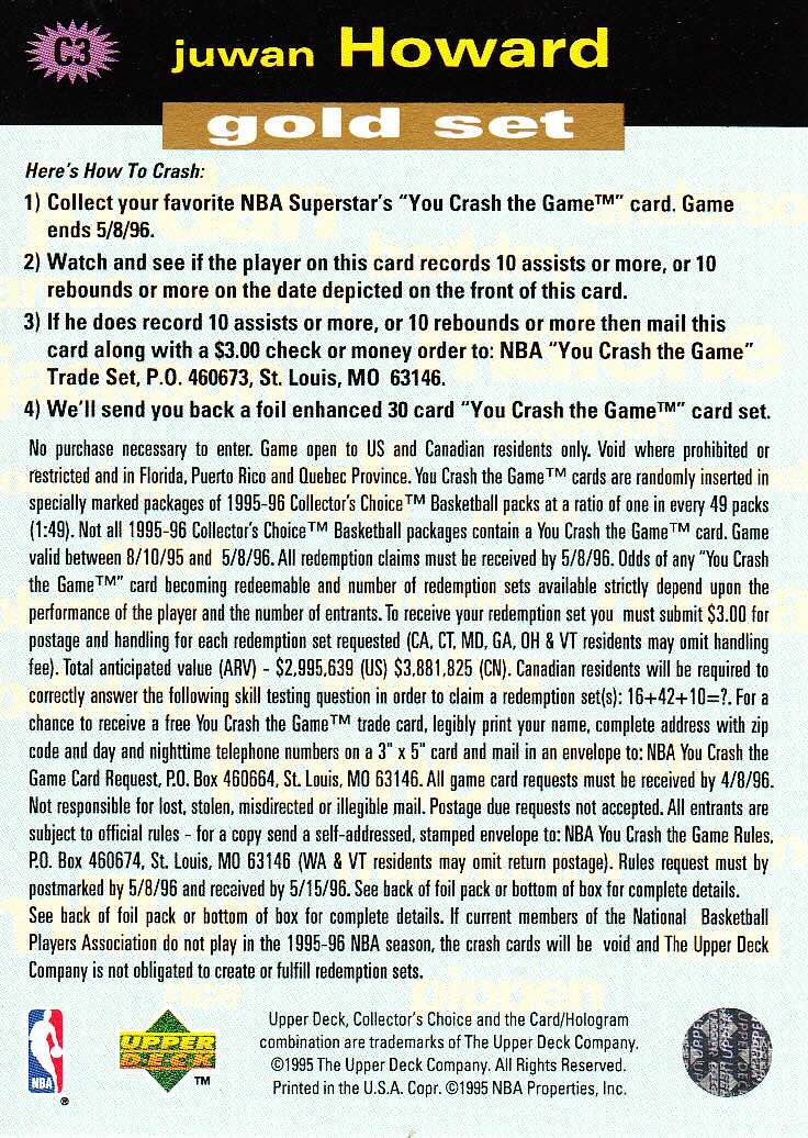 Back view of Juwan Howard 1995-96 Collectors Choice #C3 showing stats for Washington Bullets