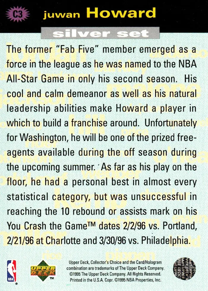 Back view of Juwan Howard 1995-96 Collectors Choice #C3 showing stats for Washington Bullets