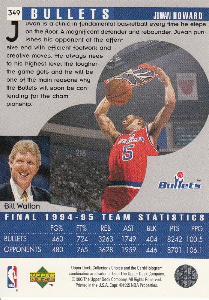Back view of Juwan Howard 1995-96 Collectors Choice #349 showing stats for Washington Bullets