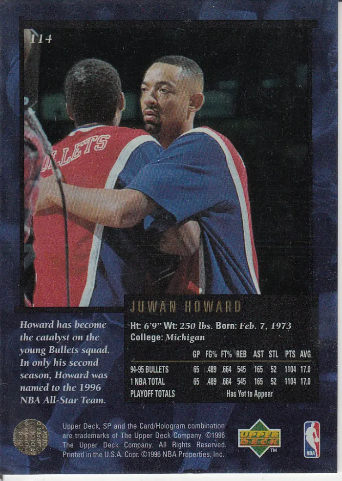 Back view of Juwan Howard 1995-96 SP Championship #114 showing stats for Washington Bullets