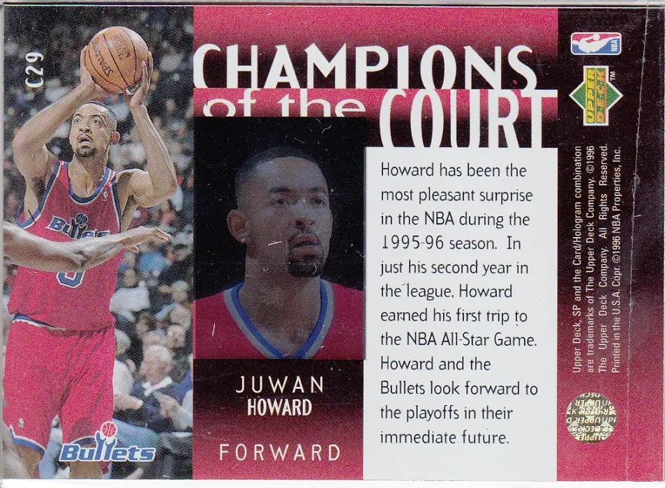 Back view of Juwan Howard 1995-96 SP Championship #C29 showing stats for Washington Bullets