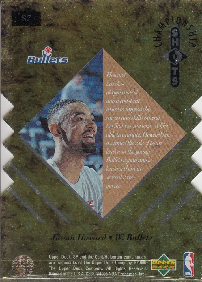 Back view of Juwan Howard 1995-96 SP Championship #S7 showing stats for Washington Bullets