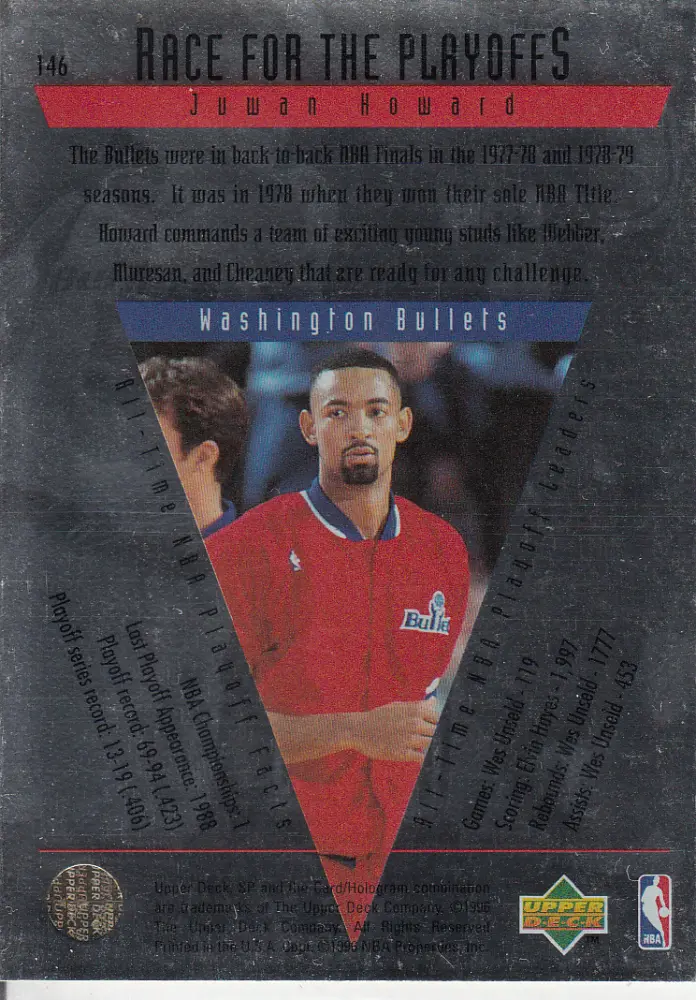 Back view of Juwan Howard 1995-96 SP Championship #146 showing stats for Washington Bullets