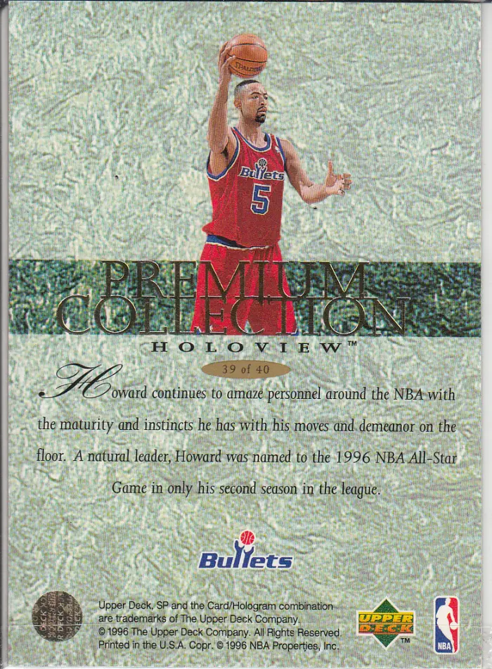 Back view of Juwan Howard 1995-96 SP #PC39 showing stats for Washington Bullets