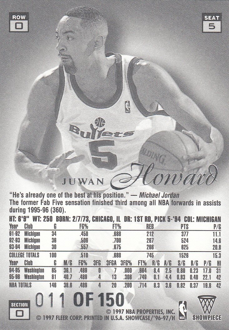 Back view of Juwan Howard 1996-97 Flair Showcase #ROW 0 SEAT 5 showing stats for Washington Bullets