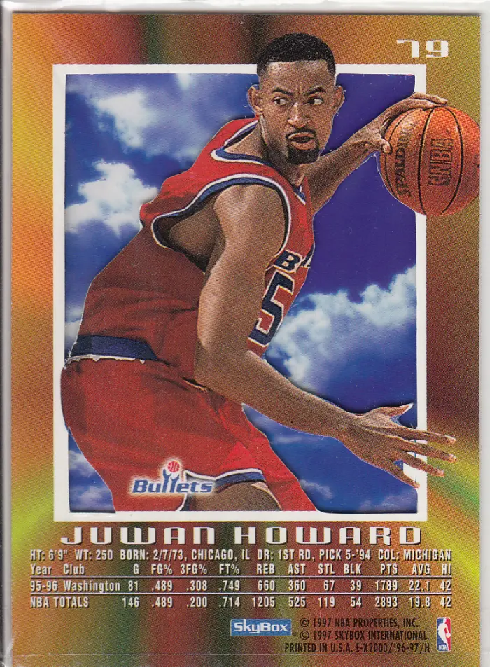 Back view of Juwan Howard 1996-97 SkyBox E-2000 #79 showing stats for Washington Bullets