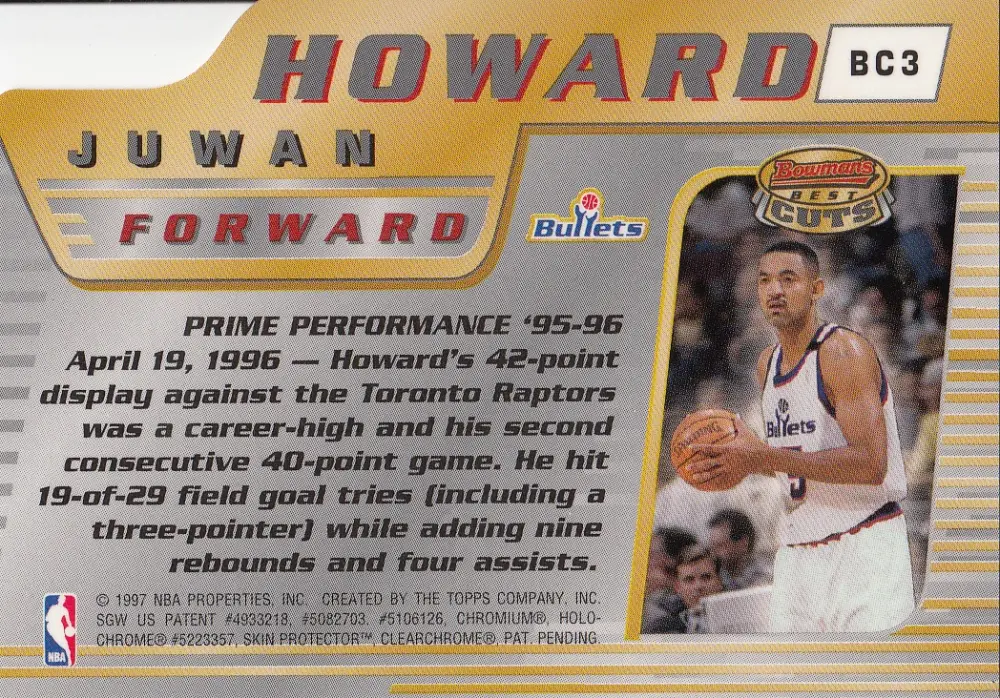 Back view of Juwan Howard 1996-97 Topps Bowman's Best #BC3 showing stats for Washington Bullets
