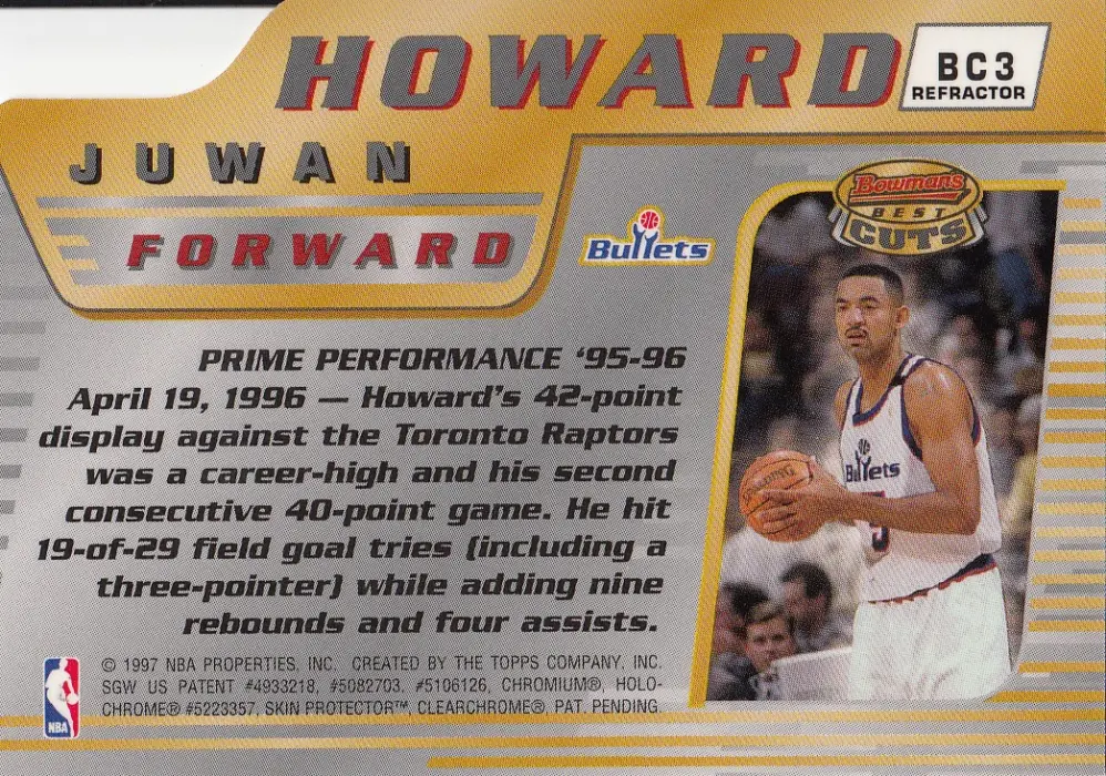 Back view of Juwan Howard 1996-97 Topps Bowman's Best #BC3 showing stats for Washington Bullets