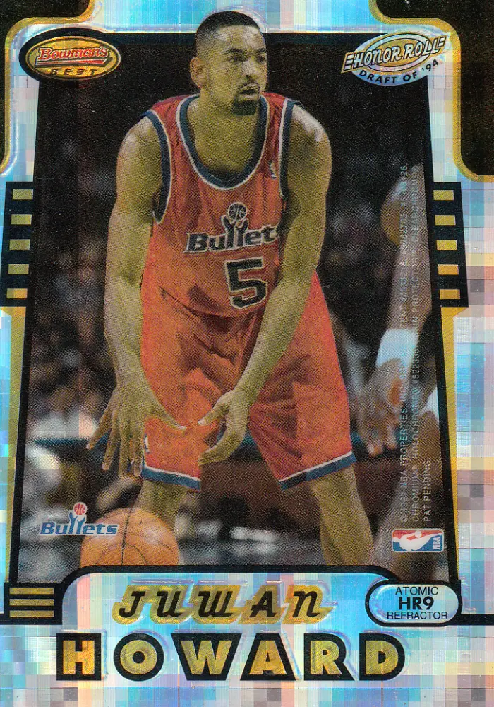 Back view of Juwan Howard 1996-97 Topps Bowman's Best #HR9 showing stats for Washington Bullets