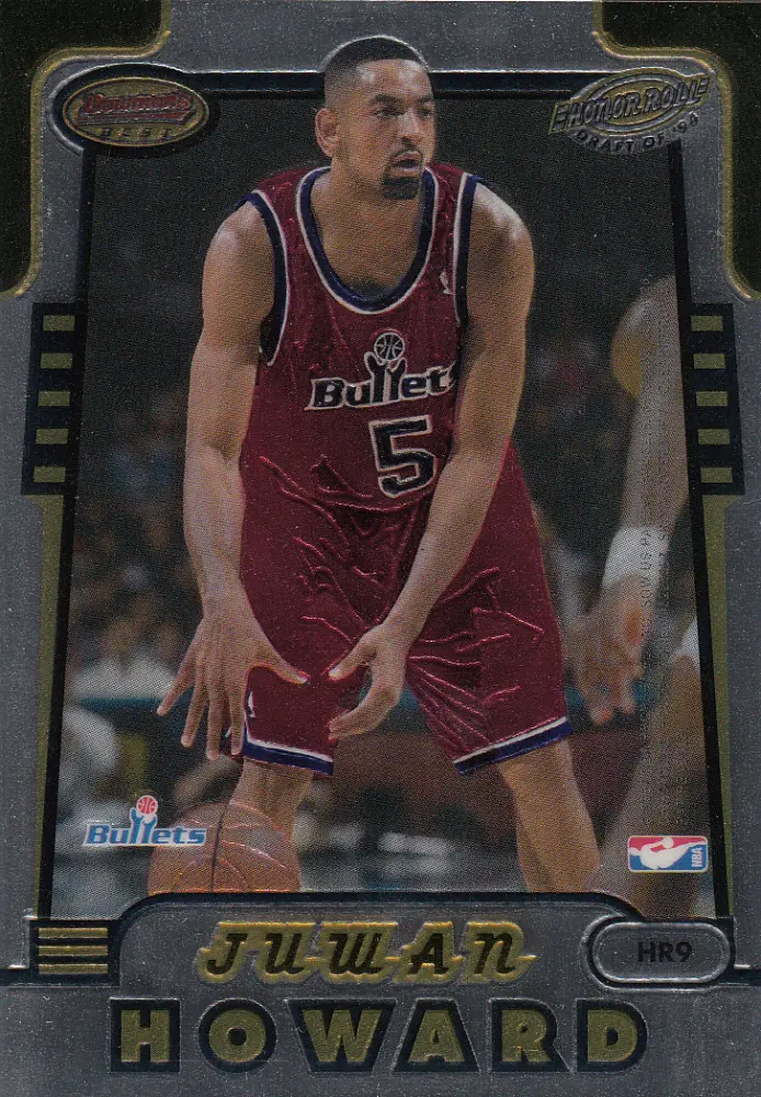Back view of Juwan Howard 1996-97 Topps Bowman's Best #HR9 showing stats for Washington Bullets