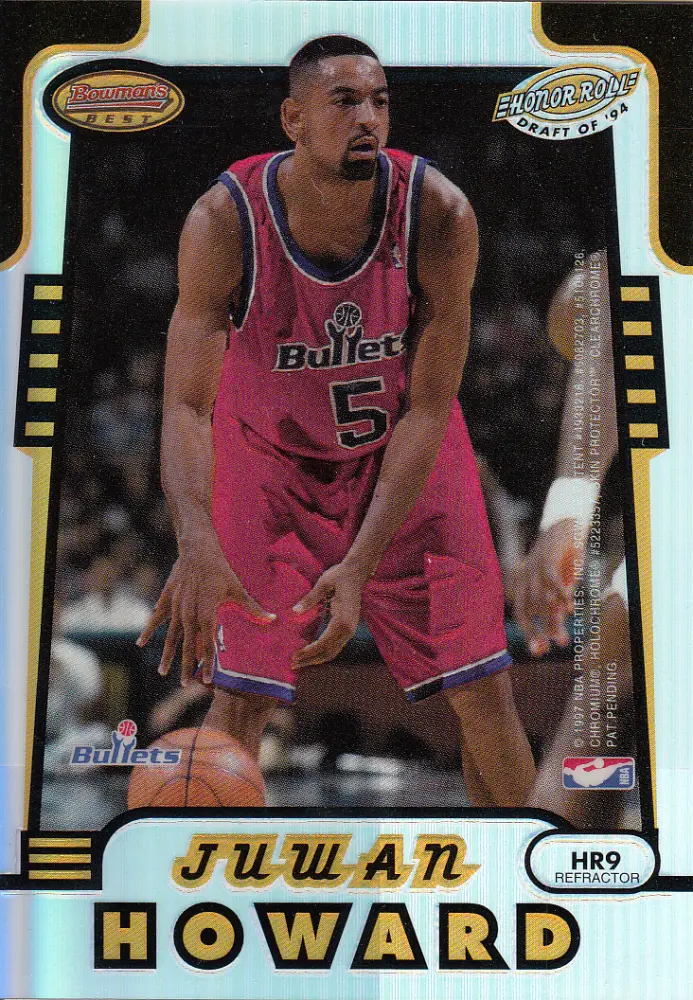 Back view of Juwan Howard 1996-97 Topps Bowman's Best #HR9 showing stats for Washington Bullets