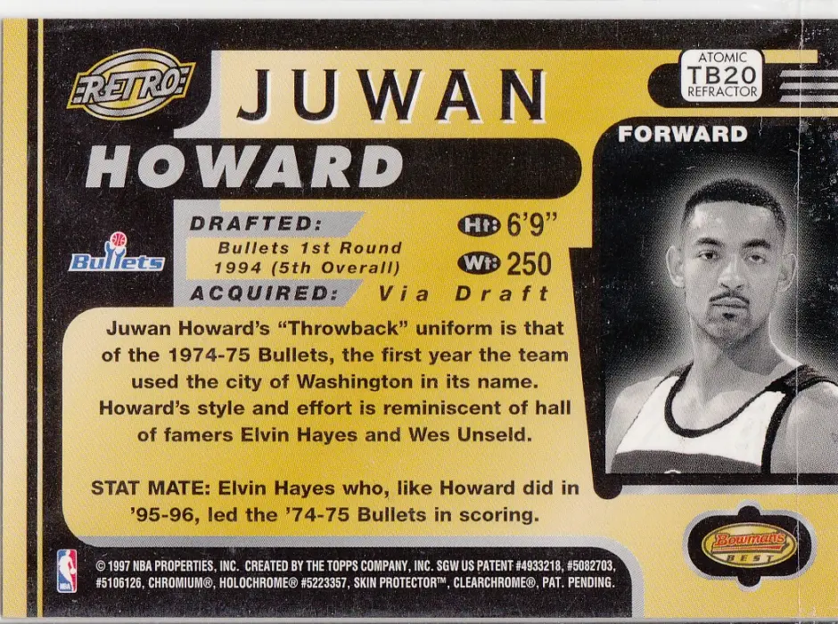 Back view of Juwan Howard 1996-97 Topps Bowman's Best #TB20 showing stats for Washington Bullets
