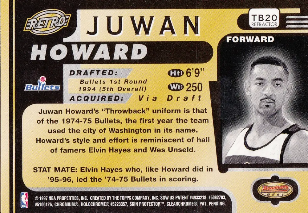 Back view of Juwan Howard 1996-97 Topps Bowman's Best #TB20 showing stats for Washington Bullets