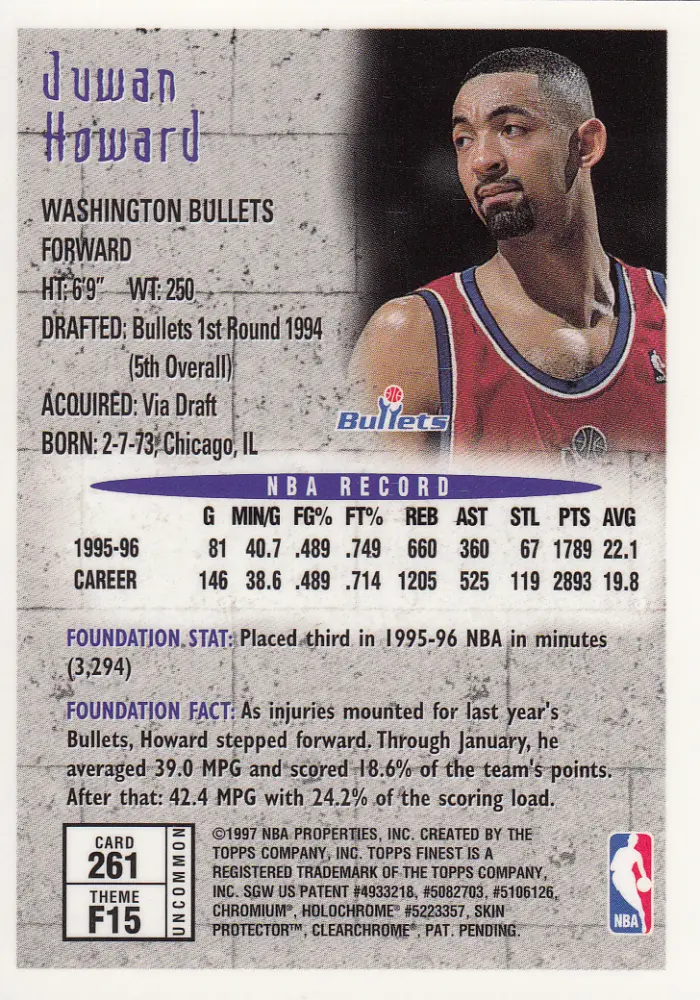 Back view of Juwan Howard 1996-97 Topps Finest #261 showing stats for Washington Bullets