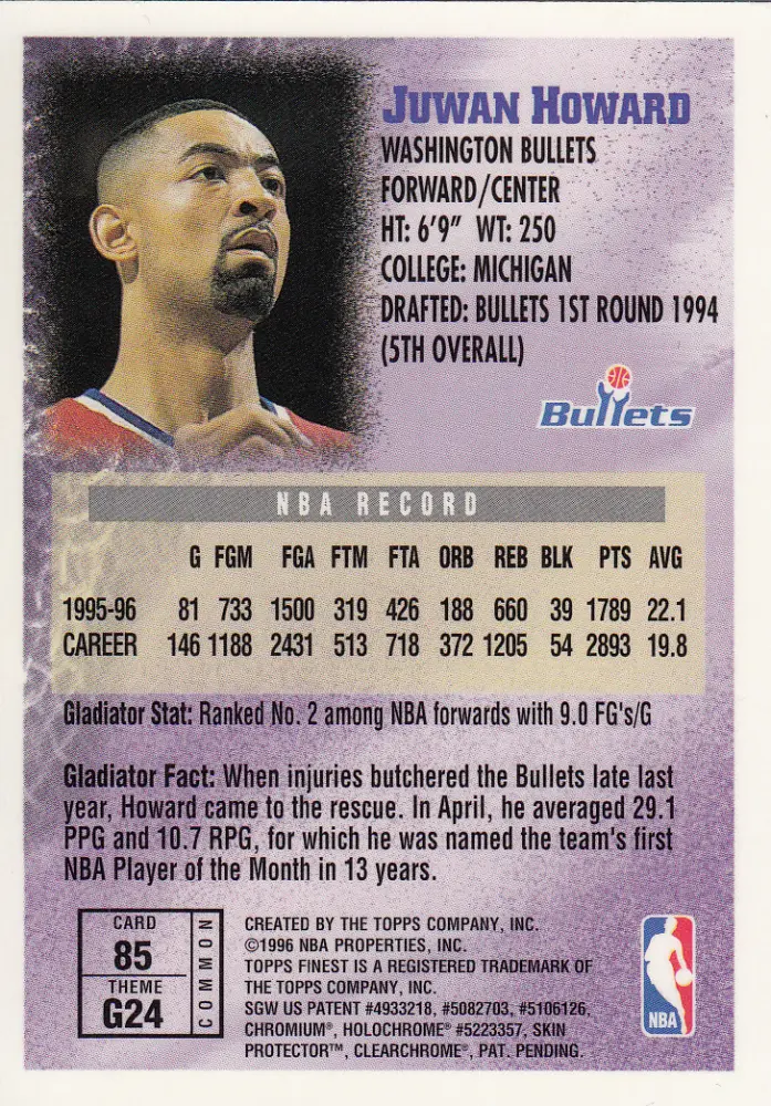 Back view of Juwan Howard 1996-97 Topps Finest #85 showing stats for Washington Bullets