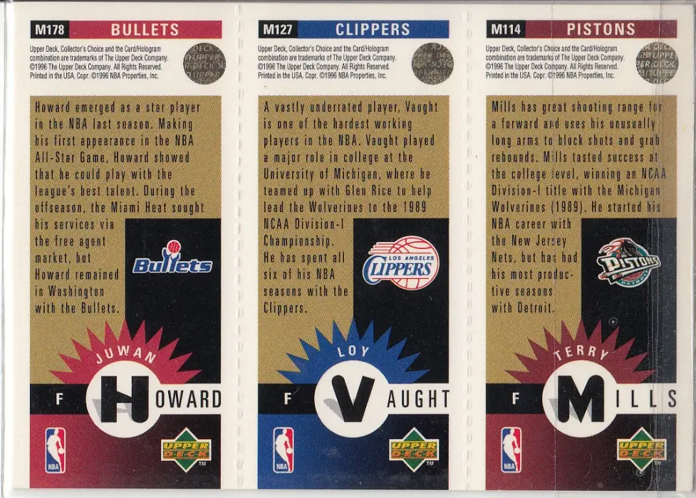 Back view of Juwan Howard 1996-97 Collectors Choice #M178 showing stats for Washington Bullets