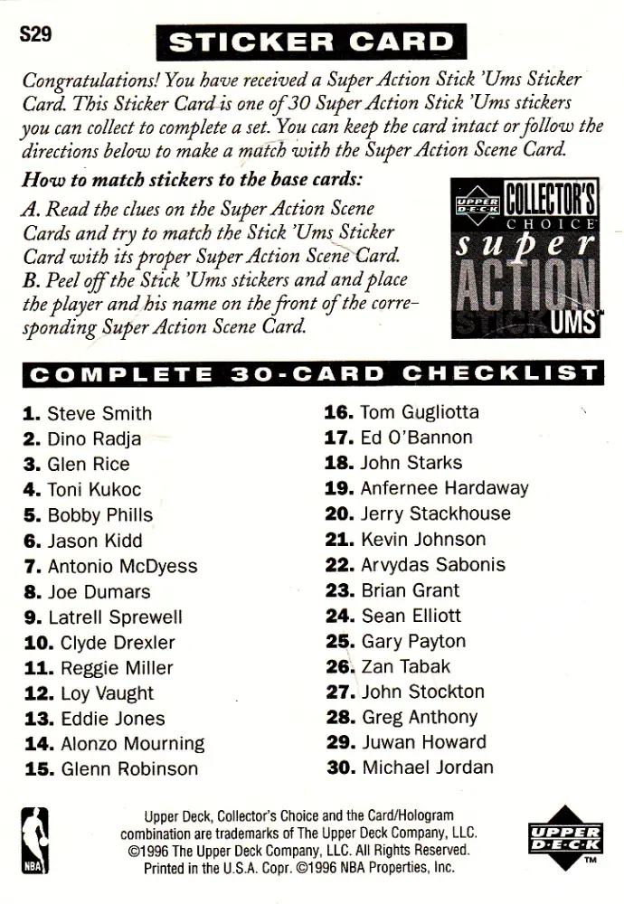 Back view of Juwan Howard 1996-97 Collectors Choice #S29 showing stats for Washington Bullets